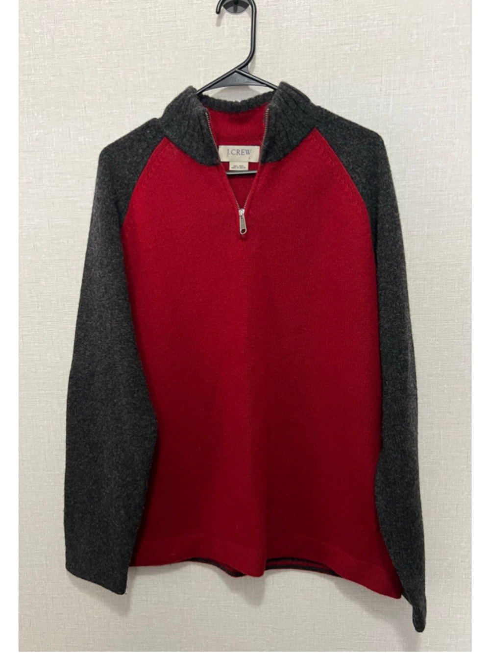 Vintage J.Crew 100% Wool Red And Grey Colorblock Quarter Zip Long Sleeve Sweater